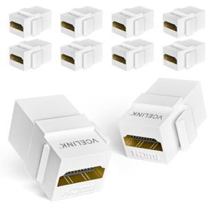 VCELINK 10-Pack 8K HDMI Keystone Jack with 8K 60Hz and 4K 120Hz, HDMI 2.1 Female to Female Adapter 48 Gbps, Snap-in 180 Degree Angle Connector for Wall Plate, Gold Plated, White