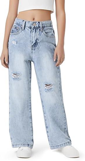 PATPAT Girls Wide Leg Jeans Size 4-14 Years Elastic Waist Ultra Stretch Baggy Jeans with Pockets (Light Blue Ripped, 6-7 Years)