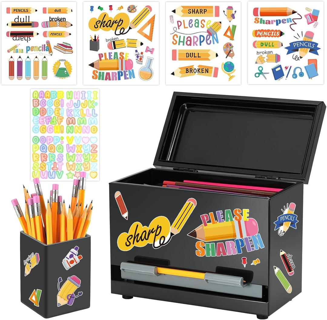 Pencil Dispenser for Classroom Stainless Steel Pencil Holder for Desk, Pencil Dispenser Set with Silicone Organizer & 5 Stickers, Back to School Classroom Must Haves Teacher Supplies (Black)