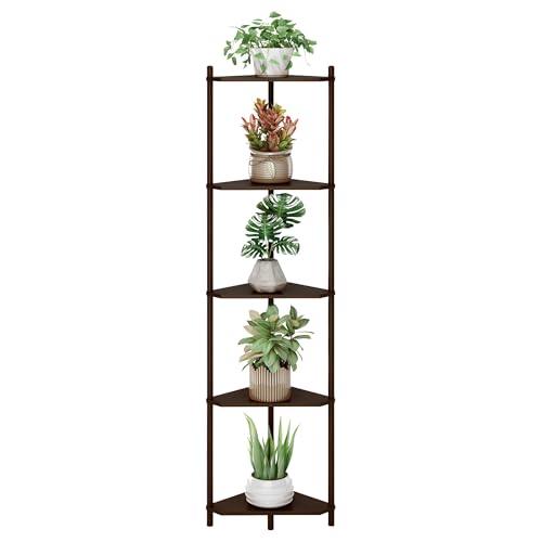 Wisuce Corner Shelf Stand - 5 Tier Walnut Bamboo Small Corner Bookshelf for Office Kitchen Bedroom Plant Stand Living Room Decor Small Space