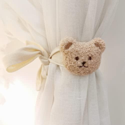 2 Pack Cute Curtain Tiebacks Cartoon Bears Embroidered Animal Shape Bedroom Accessories (Beige)