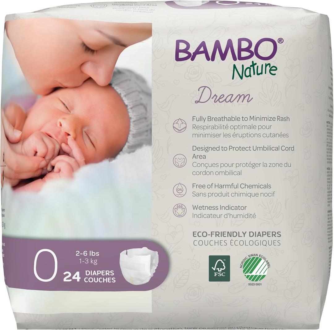 Bambo Nature Hypoallergenic Dream Baby Diapers, Premium EcoLabeled Sustainable Diapers, Enhanced Leakage Protection, Totally ChlorineFree, Skin Friendly, and Super Absorbent  Size 0 (24 Count)