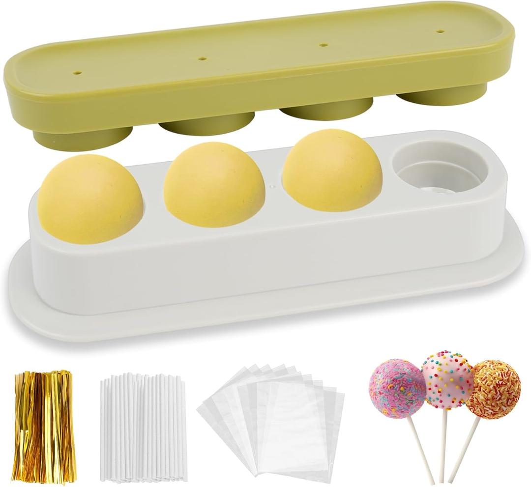 301pcs Round Cake Pop Mold Kit, 4 Cavity Circle Cakepop Making Shapes Press Cutter and Pusher Cake Pop Sticks and Wrappers Twist Ties Baking Tools Accessories for Lollipop Candies Chocolates Cookies (Green)