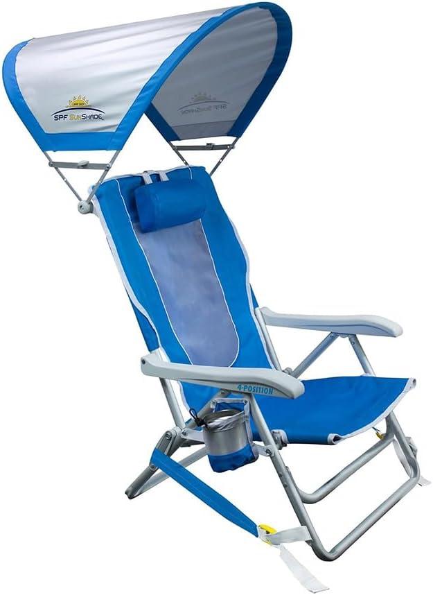 GCI Outdoor Sunshade Backpack Beach Chair | Reclining Folding Canopy Chair with Durable Armrests, Drink Holder & Carry Straps, Perfect for Beach Trips & Picnics  Saybrook Blue