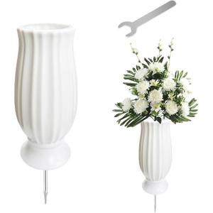 Cemetery Vase for Grave Decorations with Metal Spike Headstones Flower Holder (White)