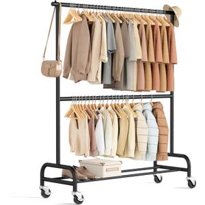 MISSLO Heavy Duty Clothes Rack for Hanging Clothes Rolling Clothing Rack Heavy Duty on Wheels for Coat, Garment, Matte Black (Double Rod)