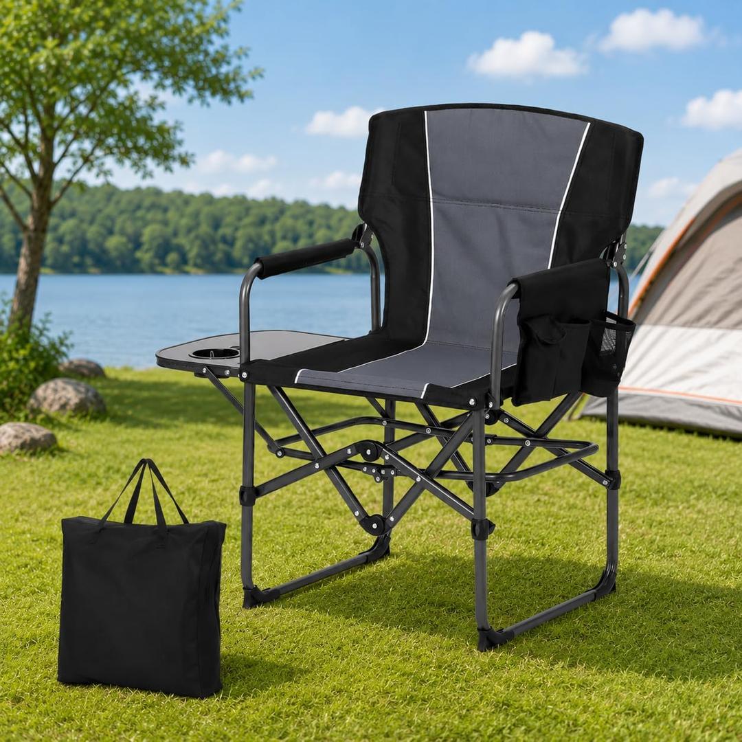 Oversized Directors Camping Chair for Adults, Heavy Duty Folding Camping Chair Supports 400 LBS, Portable Lawn Chair with Side Table & Side Pocket, Lightweight Outdoor Chair for Camping, Sports