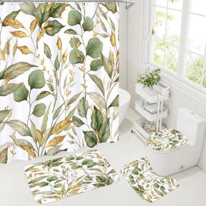 4 Pcs Green Gold Plant Shower Curtain Set with Non-Slip Rugs, Botanical Toilet Lid Cover and Bath Mat for Aesthetic Bathroom, Elegant Bathroom Decor Set (Hooks not Included)