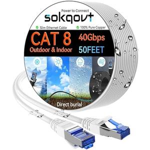 Sokqovt Cat 8 Ethernet Cable Slim 50ft Outdoor & Indoor, Pure Copper Cat8 Internet Cable for Waterproof & Direct Burial, Flexible Cat8 Ethernet Cable 40G 2000MHZ, Cat 8 Network Cable for Indoor White