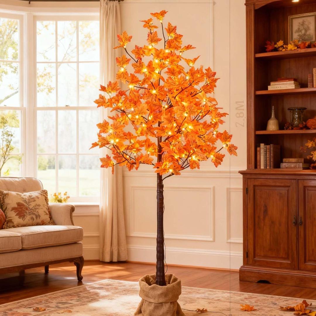 6FT Artificial Lighted Maple Tree, 120LED Warm White, Fall Tree Decorations for Indoor & Outdoor, Autumn Harvest, Orange