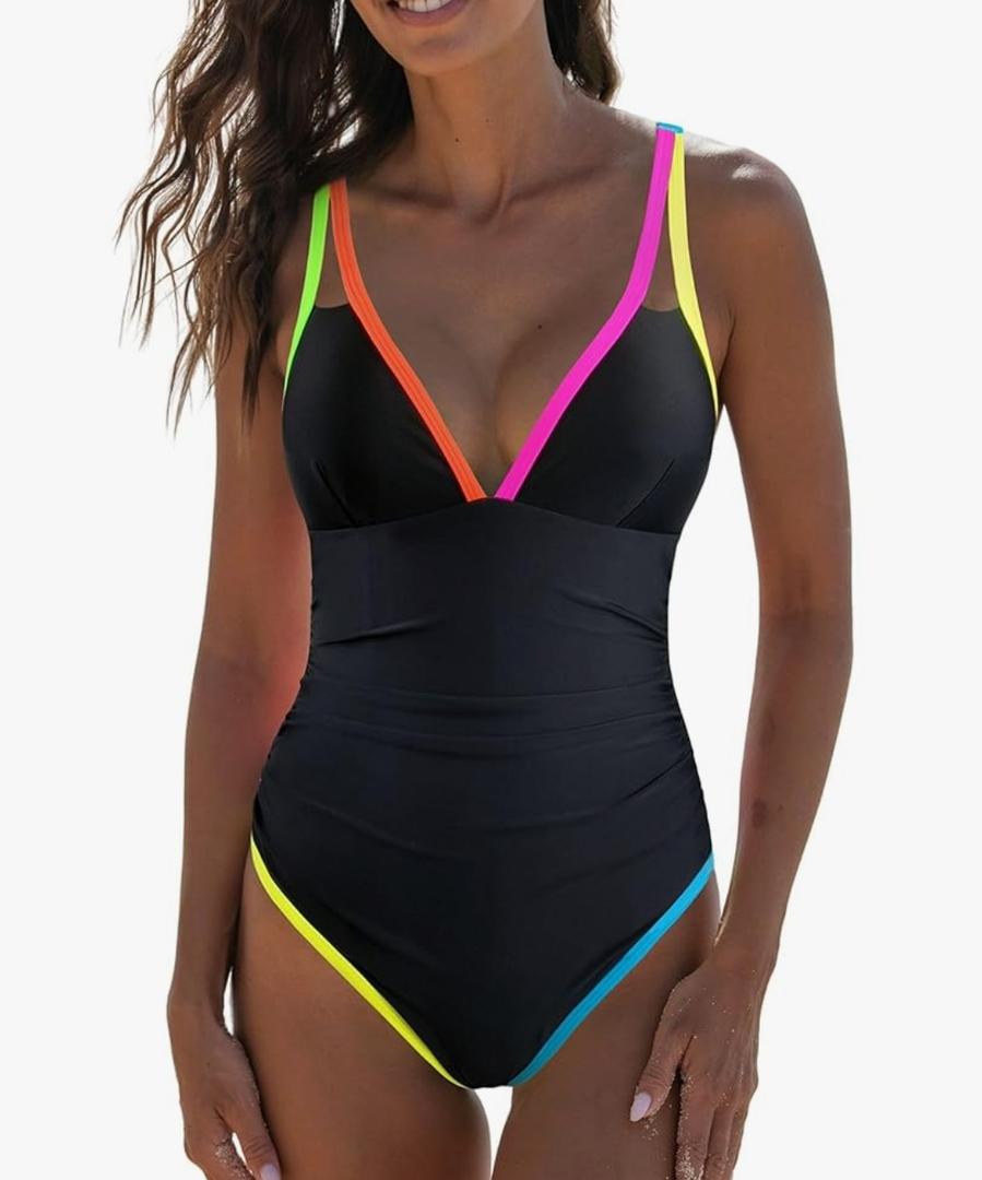 popvil Women's One Piece 2025 Tummy Control Swimsuits Neon Color Block Swimwear Deep V Neck Slimming Bathing Suit Large