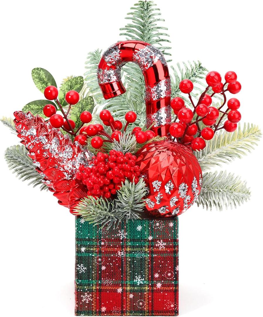 Small Christmas Tree Tabletop Artificial Mini Christmas Tree Decorations with Holiday Ornaments Red Berry Pine Cone Greenery for Home Indoor Fireplace Mantel Xmas Decor (Large-Square-Red)