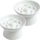 2 Pack Ceramic Slow Feeder Cat Bowl, Raised Puzzle Feeder, Anti Vomiting, Elevated Food Bowl, Whisker Friendly (White)