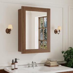Buruis 20 x 28 Inch Walnut Grain Medicine Cabinet with Mirror, Recessed or Wall-Mounted Wood Storage Cabinet for Bathroom, Adjustable Shelves, Soft-Close Hinges, Rectangle