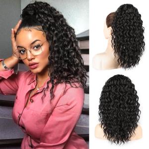 Curly Ponytail Extension 16 Inch Fake Pony Tails Hair Extensions Drawstring Ponytail Extension for Black Women Long Wavy Clip in Ponytails for Women Synthetic Hair Thick Ponytail hairpiece
