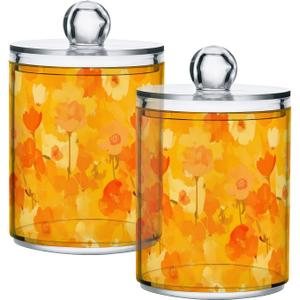 2 Pack Qtip Holder Organizer Dispenser Flower Yellow Orange Poppy Bathroom Storage Canister Cotton Ball Holder Container for Cotton Pads/Swabs/Floss