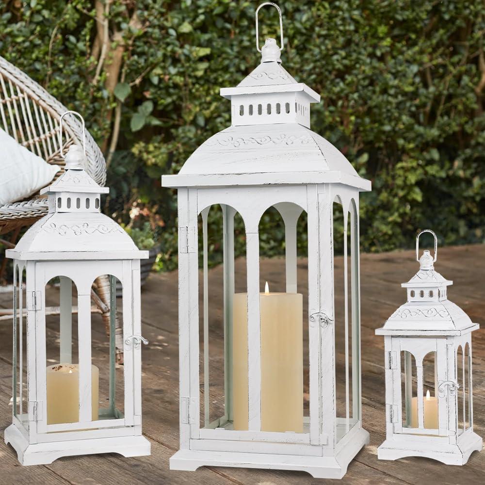 NEEDOMO Lanterns Decorative Outdoor & Indoor, Set of 3 Outdoor Lanterns for Porch, Vintage Candle Lantern Decor for Living Room, Fireplace, Kitchen Dining Table, Patio, Garden, Wedding, White (White-24"/18"/12"h)