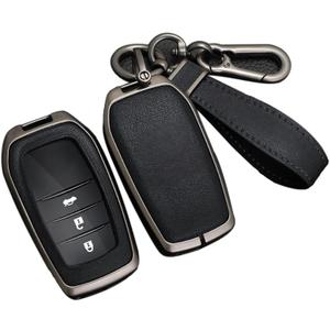 RYE Key Fob Cover for Toyota, Leather+Zinc Alloy Key Fob Case for 2025 Camry, 2021-2025 Venza, Grand Highlander Hilux, Fortuner, 2022-2025 Tundra Tacoma Remote Key (Black, Come with Keychain)
