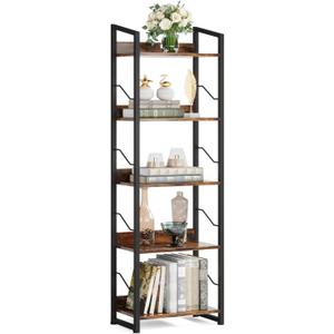 Hosfais 5 Tier Tall Bookshelf: Industrial Wood Book Shelf with Edge Protection Metal Narrow Bookshelf Bookcase Storage Organizer Display Rack for Living Room Home Office (Rustic Brown)