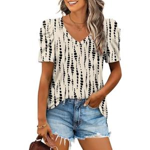 XIEERDUO Womens Summer Shirt V Neck Casual Tshirts Puff Sleeve Tops for Women Solid Color Size M