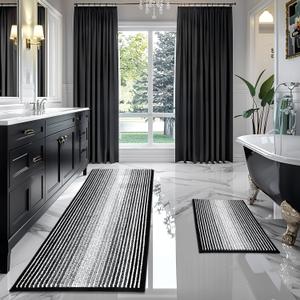Bathroom Rugs and Mats Sets, 2 Piece Thick Absorbent Chenille Bath Mat Rug Set Non Slip, Soft Shaggy Bath Room Floor Mats for Bathroom, Machine Washable (Black, 24" x 70" Plus 20" x 32")