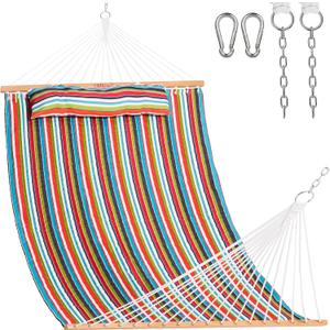 Lazy Daze Hammocks 12 FT Quilted Fabric Double Hammock with Spreader Bars and Detachable Pillow, 450lbs Weight Capacity, Bright Stripe