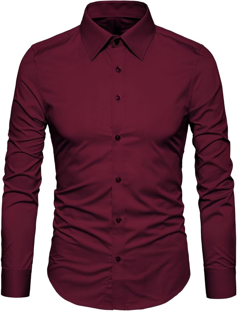 Manwan walk Men's Slim Fit Business Casual Cotton Long Sleeves Solid Button Down Dress Shirts (XX-Large, Red)