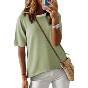 Dokotoo Womens Tops 2026 Casual Summer Crewneck Short Sleeve Striped Color Block Knit High Low Trendy Pullover Sweaters (Medium, C Green 1)