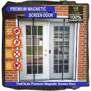 TheFitLife Double Door Magnetic Screen  Mesh Curtain with Full Frame Hook & Loop Powerful Magnets, Snap Shut Automatically for Patio, Sliding Or Large Door, Black Fits Doors up to 72''x80'' Max