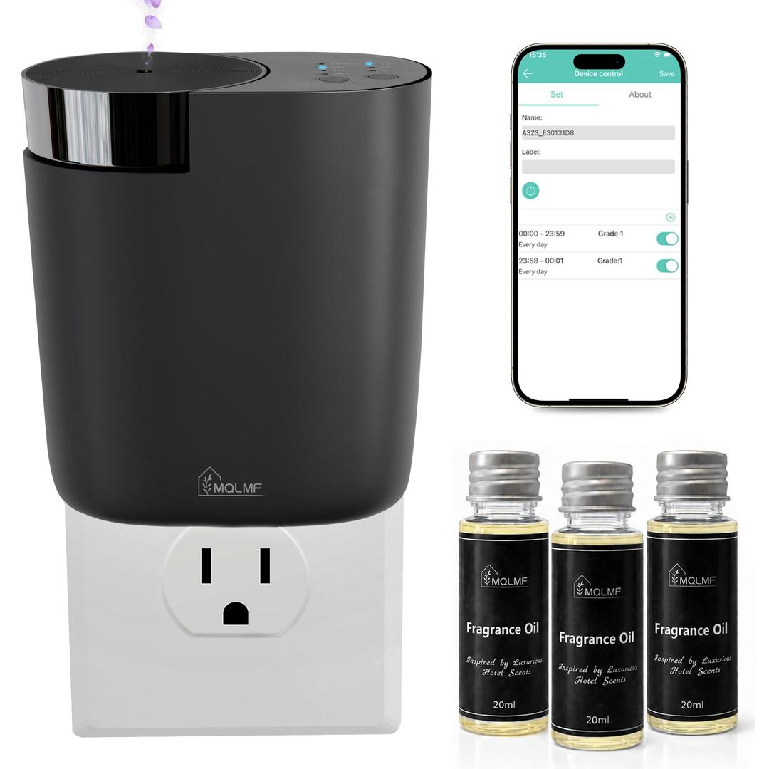 MQLMF Waterless Plug in Diffuser, 800 Sq Ft, No Wobble Secure Wall Fit, Adjustable Timer & Scent Intensity,App Control,Essential Oil Plug in Wall Diffuser, Includes 2 x 20ml Fragrance Oils - Black