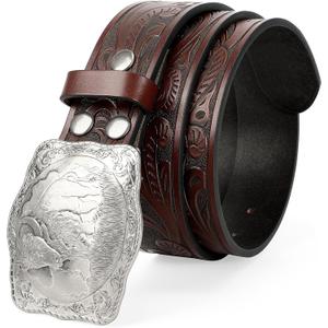 SUOSDEY Western Genuine Leather Belt with Silver Bull Embossed Buckle for Men,Cowboy Engraved Belts for Jeans,1.5" Width (Fits 35"-38" Waist, Coffee)