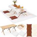 Geetery 10 Pcs Picnic Set, 59" x 20" Folding Low Picnic Table with 91'' x 71'' Large Outdoor Boho Picnics Blanket, Tablecover Runner and 6 Pillows Cushions for Camping Wedding Beach(Square,Brown)