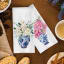 Chinoiserie Kitchen Towels Set - Floral Blue and White Chinoiserie Dish Towel, Floral Blue and White Hand Tea Towels for Bathroom Kitchen, 16x24 Inch Set of 2