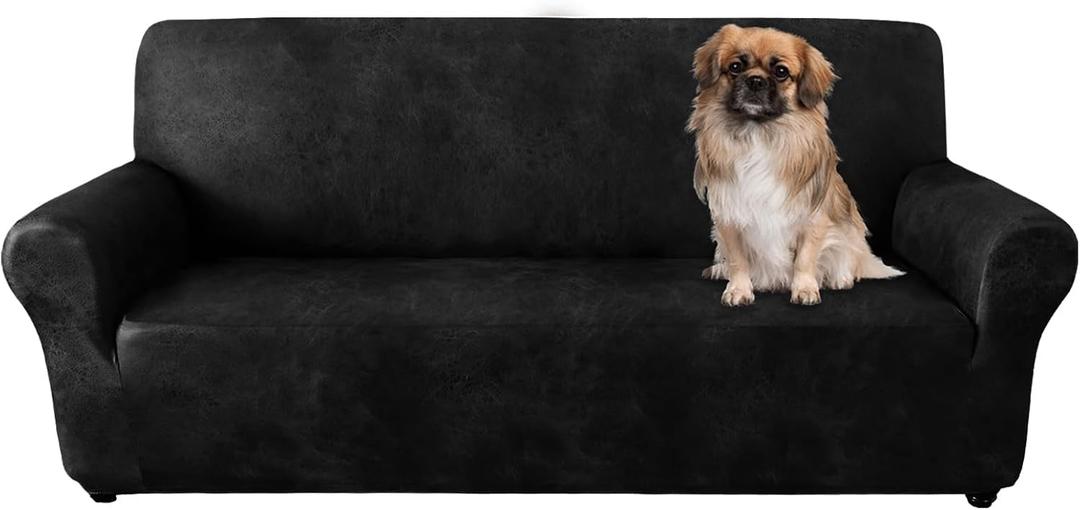 Oversized Sofa Cover, Couch Covers for Leather Couches, Stretch Sofa Covers with Leather-Like Texture, Washable, Non-Slip 1-Piece Couch Cover for Dogs, Cats Kids (Oversized Sofa, Black)