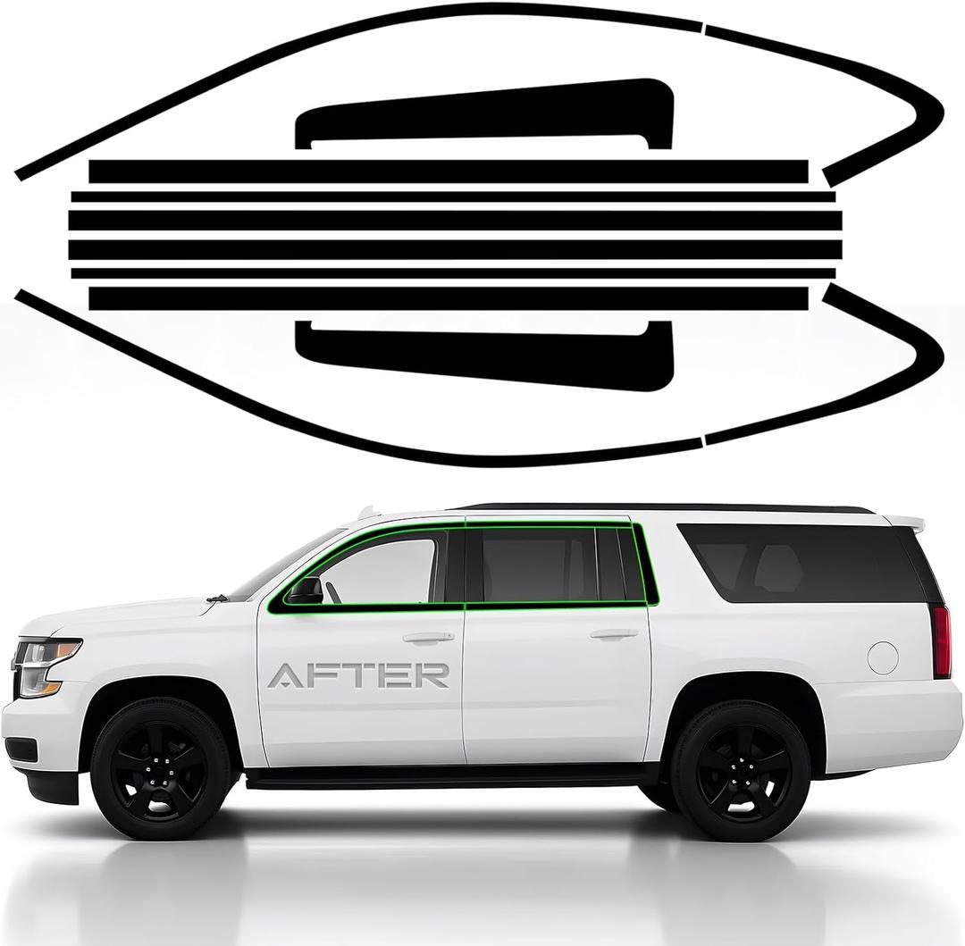 Side Window Chrome Delete Vinyl Wrap Overlay fit for 2015 2016 2017 2018 2019 2020 Chevrolet Chevy Suburban with Blackout Film Gloss Black Kits Accessories