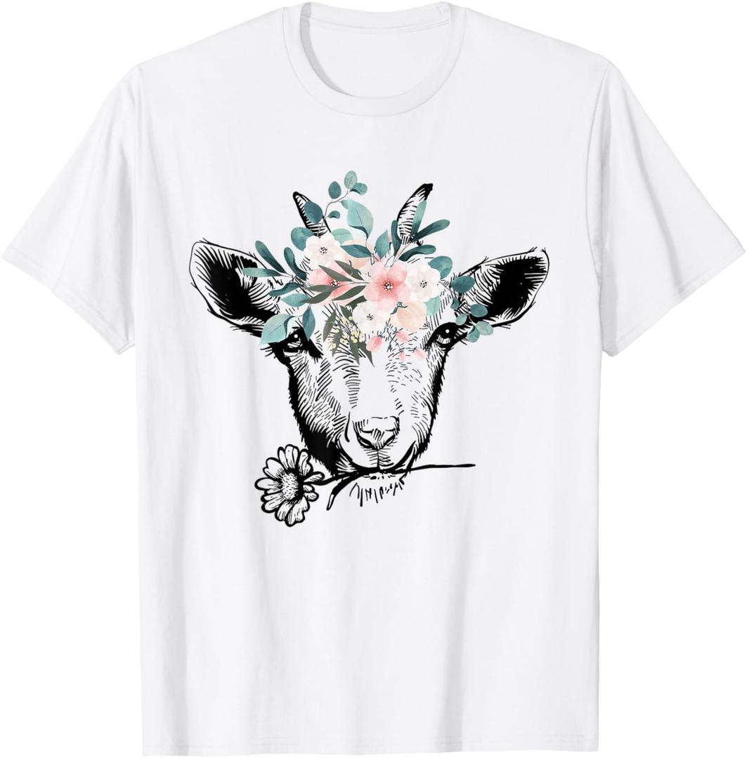 Women's Goats Flowers Farm Animal Lover Funny Goat T-Shirt Large