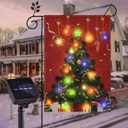 FLAGMESAGE Solar LED Christmas Tree Flag, Lighted 12x18 Double Sided Merry Christmas Flag for Outdoor Yard Garden Lawn House Decoration