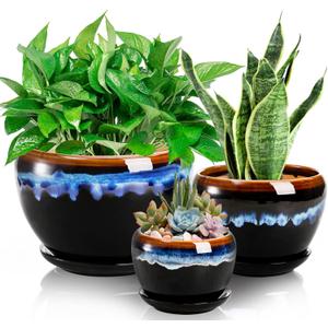 AVLA 3 Pack Ceramic Flower Pots, Gardening Drip Glazed Planter, Plant Pot with Drainage Hole and Saucer, 7/5/4 Inch Rustic Houseplant Container for Succulent Herbs Cactus Orchid, Home Indoor Outdoor