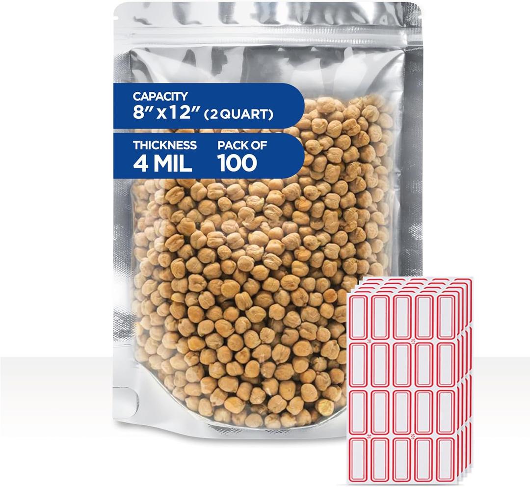 BELLE KR Clear Mylar Bag 8"x12" - Pack of 100, 8 Mil Thick - 2 Quart Stand Up See Through Mylar Bags for Food Storage with Label Stickers