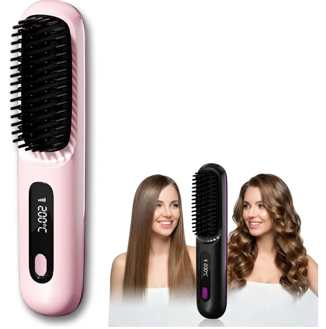 2026 Go Brush Pro for Short Hair, Portable Straightener Brushs for Travel, with LCD Temperature Display, Fast Heating Cordless Mini Hair Brushs Styling Tools (Pink)