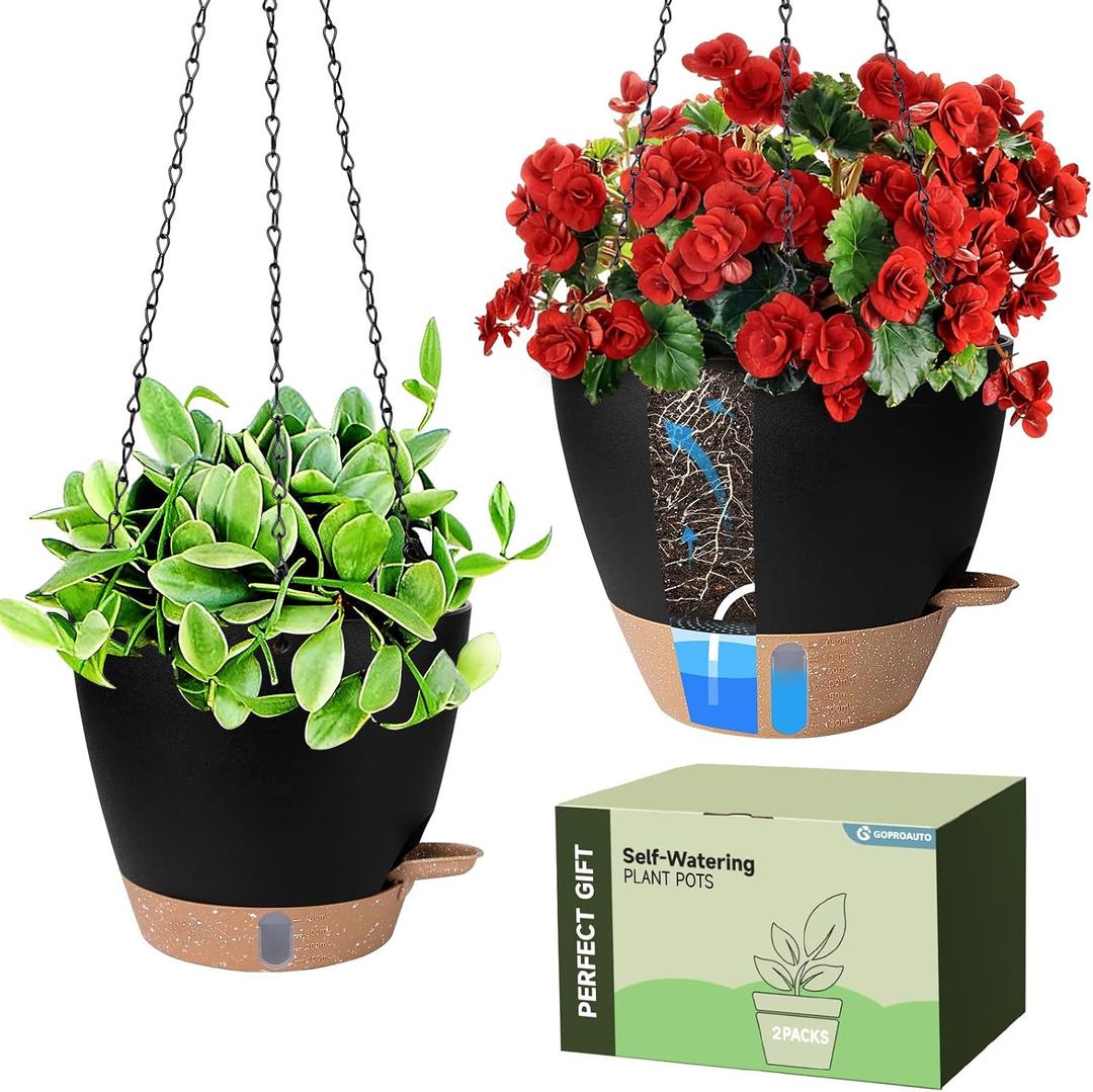 Self-Watering Hanging Planters with Water Level Window, 8/10 Inch Indoor Outdoor Hanging Plant Pots Includes Chain Hangers with Drainage Holes & Detachable Reservoir (Black, 8+10 inch)
