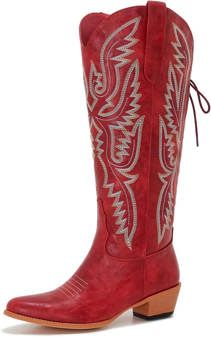 Uillnoodu Wide Calf Cowboy Boots Women Adjustable Lace Up Knee High Tall Plus Size Cowgirl Boots Western Style Comfortable 2-Inch Heel 10W