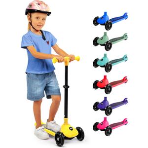 SereneLife 3-Wheel Foldable Kids Scooter  LED Wheel Lights, Adjustable Handlebar, Rear Foot Brake, Lean-to-Steer, Anti-Slip Deck  Ideal for Toddlers & Kids 3+, up to 110 lbs (Yellow)