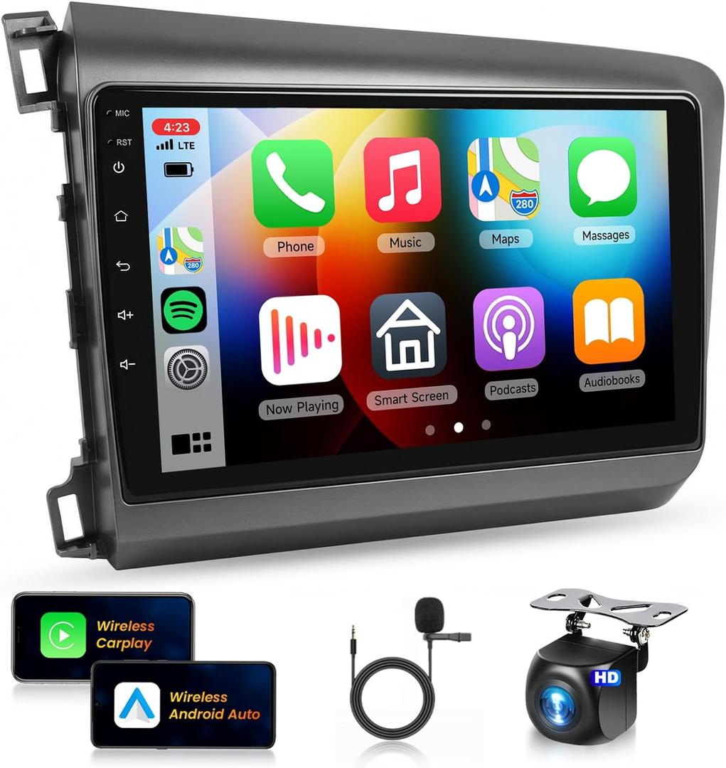 Car Stereo for Honda Civic 2012-2015 [6+128G 8Core] Wireless Carplay Android Auto,9" 1280 * 720P IPS Touch Screen Radio, Android13/GPS/WiFi/32EQ DSP/59UI/Bluetooth5.0/SWC+AHD Backup Camera&Mic