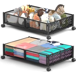 Under Bed Storage With Wheels, 2 Pack Foldable Pattern Carved Metal Under Bed Storage Containers, 60L Rolling Underbed Storage, Easy Assembly Under The Bed Storage for Shoes, Clothes, Blankets...