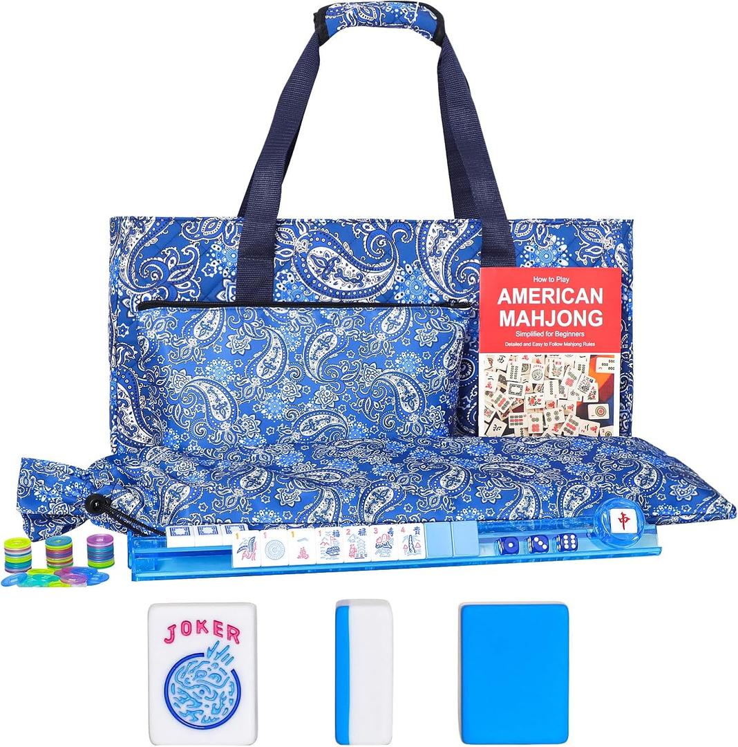 American Mahjong Game Set, 166 Blue Tiles (1.2”), 4 All-in-One Color Rack/Pushers & Drawstring Bag, Complete Mahjong Sets with Blue Printed Carrying Bag and Mahjong Tile Set Accessories