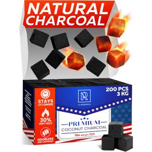 Premium Coconut Charcoal Cubes - Coconut Coals XL Pack of 200 Count & 3 KG (6.6 lbs)  Premium Quality 25mm (1x1x1 in)  100% Natural Coconut Charcoal Cubes  NOT Quick Light - (Pack of 1)