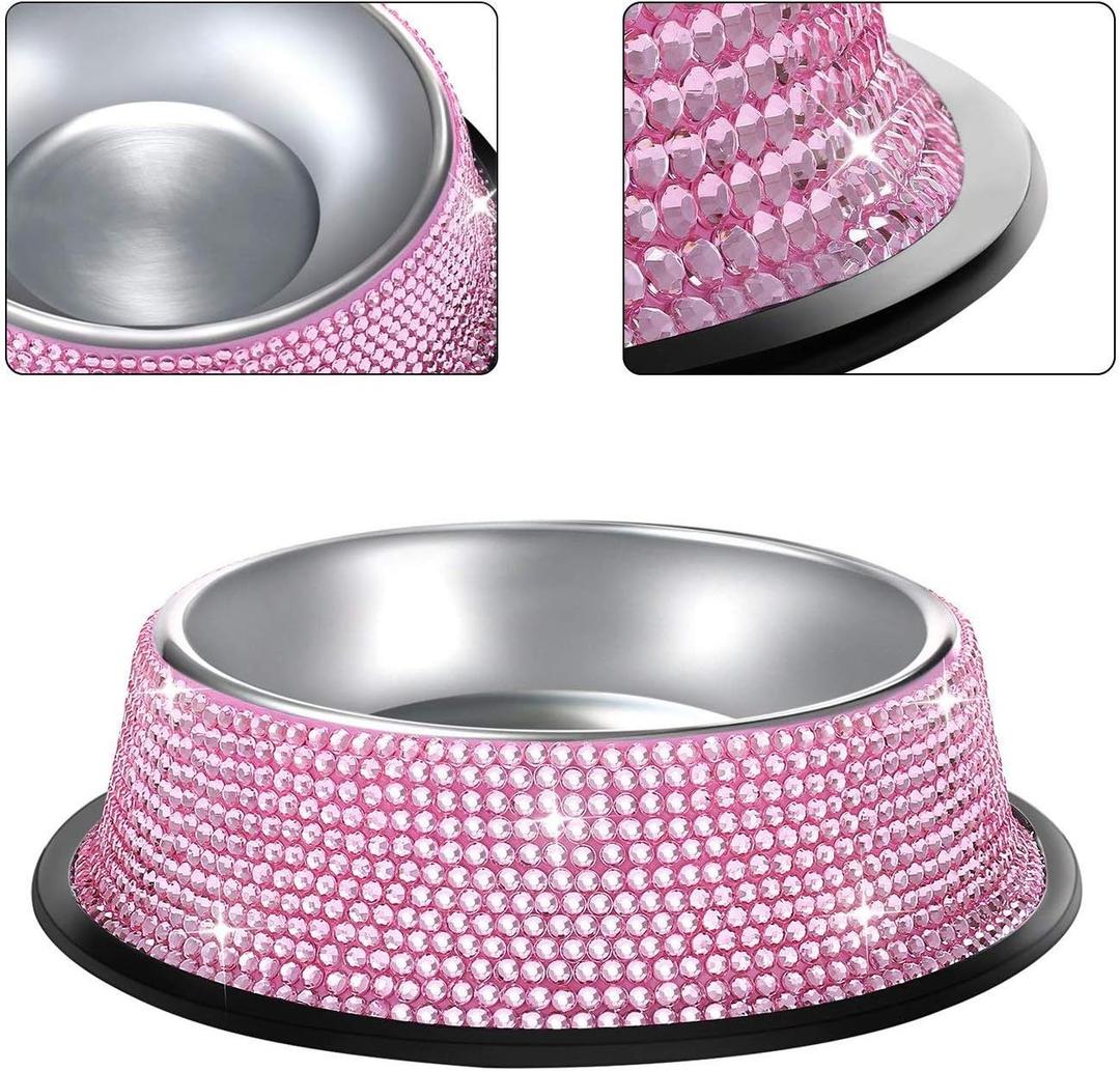 Sparkly Full Rhinestones Designed Stainless Steel Pet Dog Bowl - Stylish and Practical Diamond Food Water Dishes Bowls for Small Medium Large Dogs Cats Rabbits (Pink)