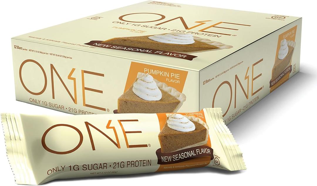 ONE Protein Bars, Pumpkin Pie, Gluten Free Protein Bars with 20g Protein and only 1g Sugar, Guilt-Free Snacking for High Protein Diets, 2.12 oz (12 pack) (EXP 07/07/24)