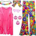 8 Pcs Girls Kids 60s 70s Hippie Costume Disco Outfits Fringe Vest Boho Bell Bottoms Hippie Outfits Accessories Set (5-6 Years, Peace Love)